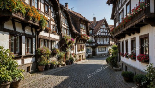 Charming Flower-Decorated Half-Timbered Houses on German Street