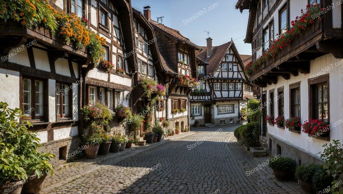 Charming Flower-Decorated Half-Timbered Houses on German Street