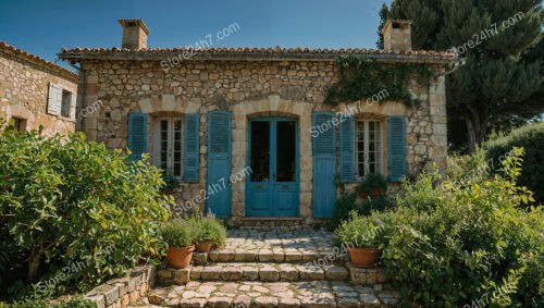 Charming French Countryside Cottage with Blue Shutters and Ivy