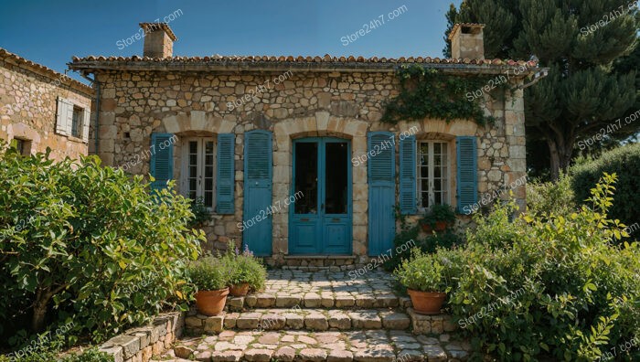 Charming French Countryside Cottage with Blue Shutters and Ivy