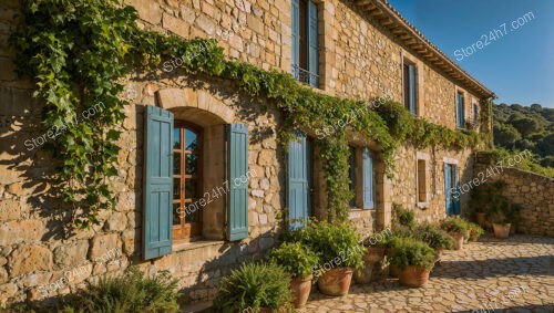 Charming French Stone House with Blue Shutters and Ivy