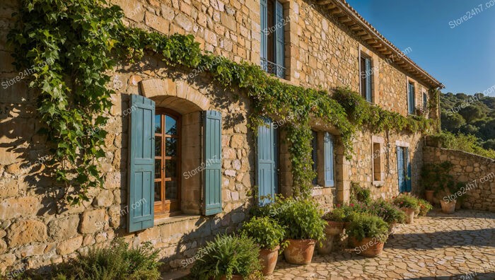 Charming French Stone House with Blue Shutters and Ivy