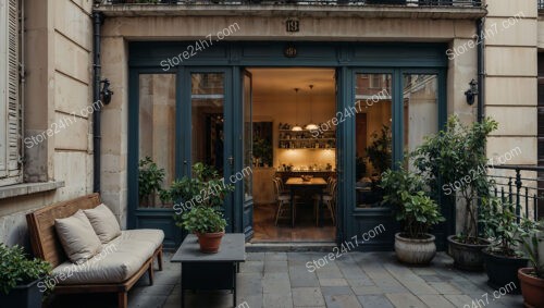 Charming French Terrace with Cozy Seating and Warm Lighting