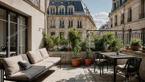 Charming French Terrace with Daylight and Lush Greenery