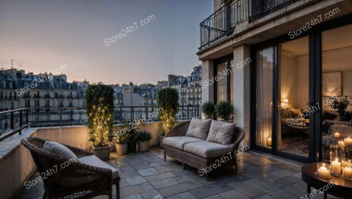 Charming French Terrace with Evening Ambiance and Greenery