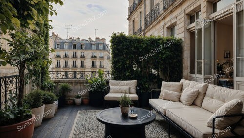 Charming French Terrace with Plush Seating and Greenery
