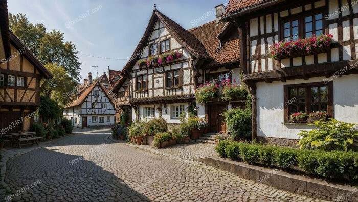 Charming German Half-Timbered House with Flower-Decked Windows