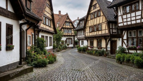 Charming German Half-Timbered Houses on a Cobblestone Street