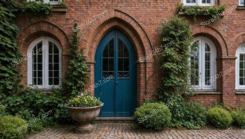 Charming Gothic House with Blue Door and Ivy-Clad Walls