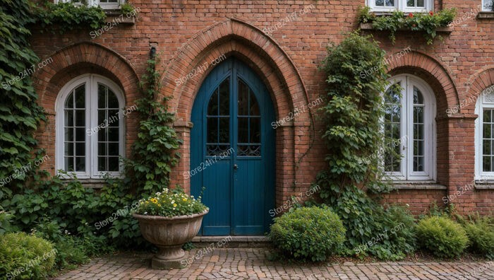 Charming Gothic House with Blue Door and Ivy-Clad Walls