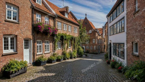 Charming Gothic Lane with Red Brick Houses and Cobblestone