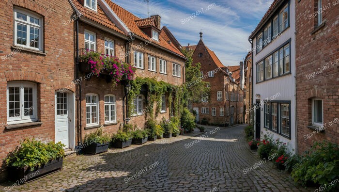 Charming Gothic Lane with Red Brick Houses and Cobblestone