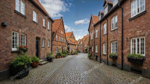 Charming Gothic Street with Red Brick Houses and Cobblestone