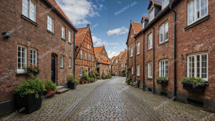 Charming Gothic Street with Red Brick Houses and Cobblestone