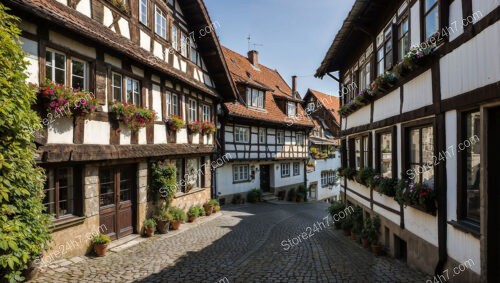 Charming Half-Timbered Houses with Flower Boxes and Cobblestones
