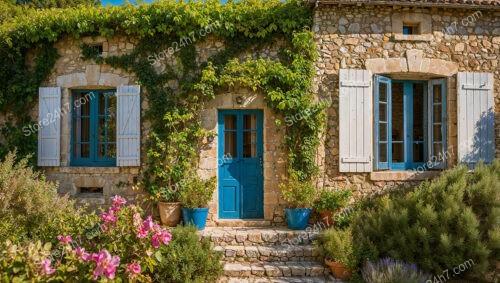 Charming Stone Cottage with Vibrant Blue Shutters in Southern France
