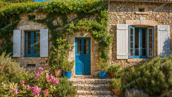 Charming Stone Cottage with Vibrant Blue Shutters in Southern France