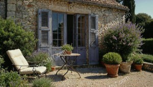 Charming Stone House with Blue Shutters and Garden Oasis
