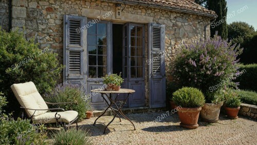 Charming Stone House with Blue Shutters and Garden Oasis