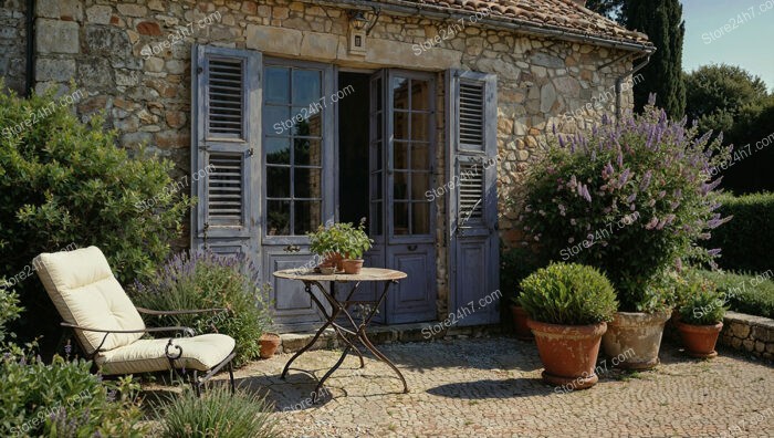 Charming Stone House with Blue Shutters and Garden Oasis