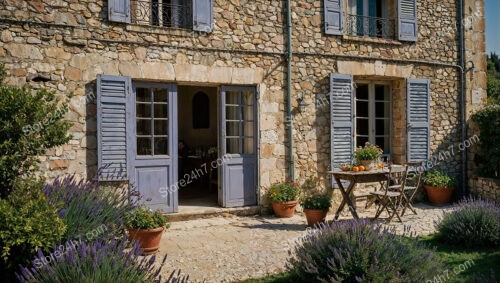 Charming Stone House with Blue Shutters and Lush Garden