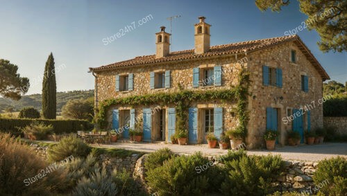 Charming Stone House with Blue Shutters in Southern France Countryside