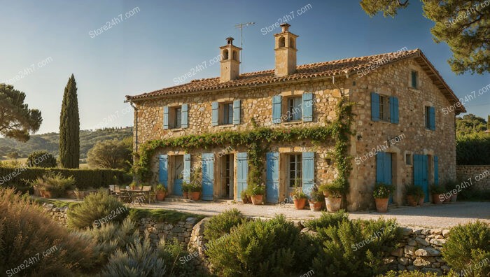 Charming Stone House with Blue Shutters in Southern France Countryside