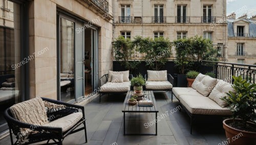 Charming Urban Terrace with Cozy Seating and Greenery