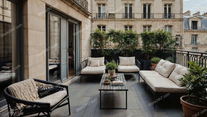 Charming Urban Terrace with Cozy Seating and Greenery