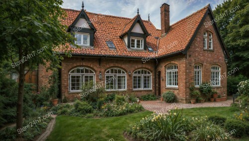 Classic Gothic House with Lush Garden and Red Roof