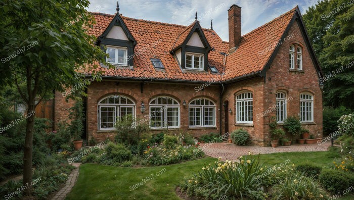 Classic Gothic House with Lush Garden and Red Roof