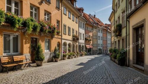 Colorful Bavarian Street with Flower Boxes and Benches