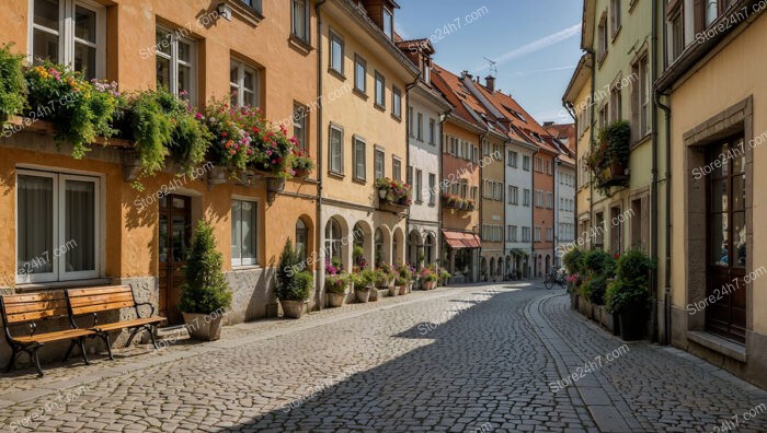 Colorful Bavarian Street with Flower Boxes and Benches