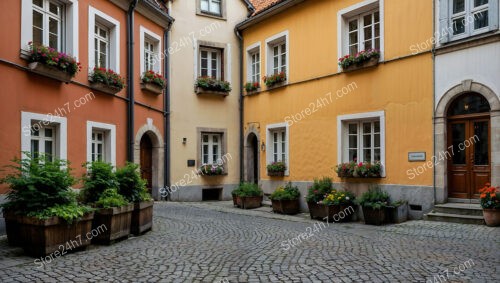 Colorful Courtyard in Bavarian Town with Flower Boxes