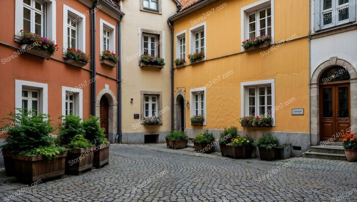 Colorful Courtyard in Bavarian Town with Flower Boxes