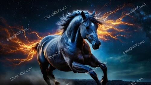 Cosmic Energy-Fueled Horse Gallops Through a Mystical Night Sky