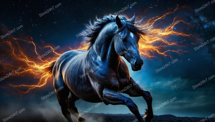 Cosmic Energy-Fueled Horse Gallops Through a Mystical Night Sky