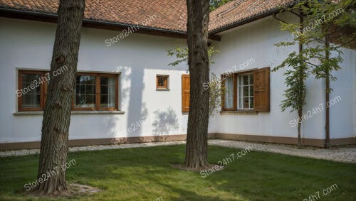 Countryside Cottage with White Walls and Wooden Shutters