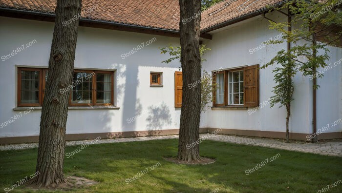 Countryside Cottage with White Walls and Wooden Shutters