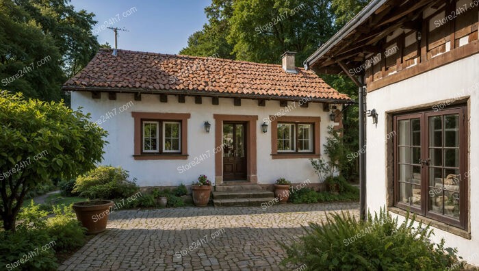 Cozy Cottage with Red Tile Roof and Greenery