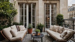 Cozy French Terrace with Elegant Design and Lush Greenery