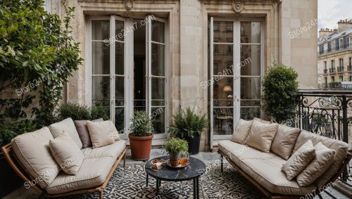 Cozy French Terrace with Elegant Design and Lush Greenery