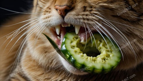 Curious Cat Enjoying a Crunchy Slice of Cucumber