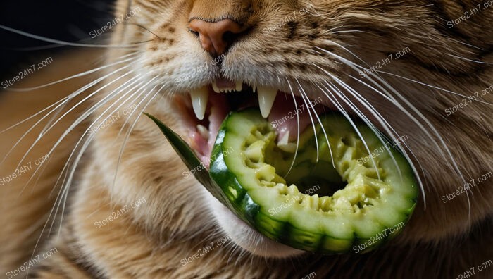 Curious Cat Enjoying a Crunchy Slice of Cucumber