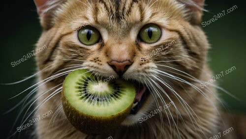 Curious Cat Enjoying a Juicy Slice of Fresh Kiwi