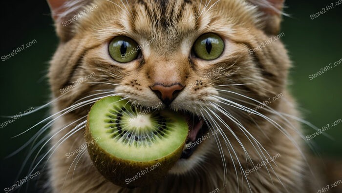 Curious Cat Enjoying a Juicy Slice of Fresh Kiwi