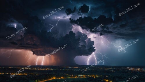 Dark Storm Clouds and Bright Lightning Over City Lights