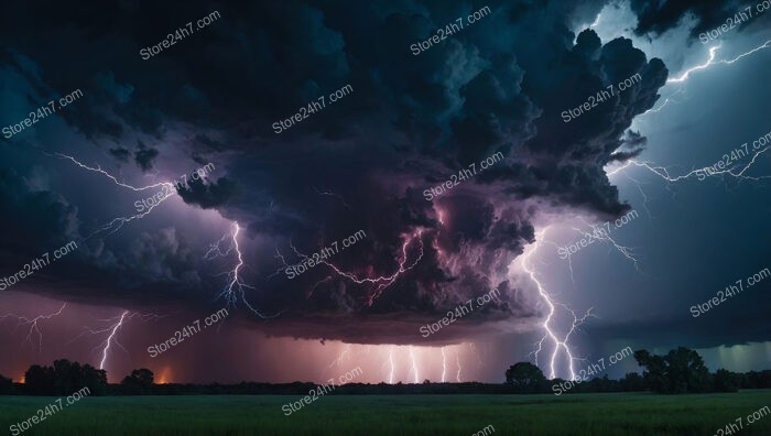 Dark Thunderstorm Clouds and Lightning Illuminate Nighttime Sky