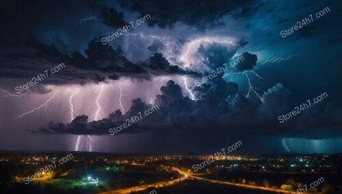 Dramatic Lightning and Dark Clouds Over Cityscape at Night