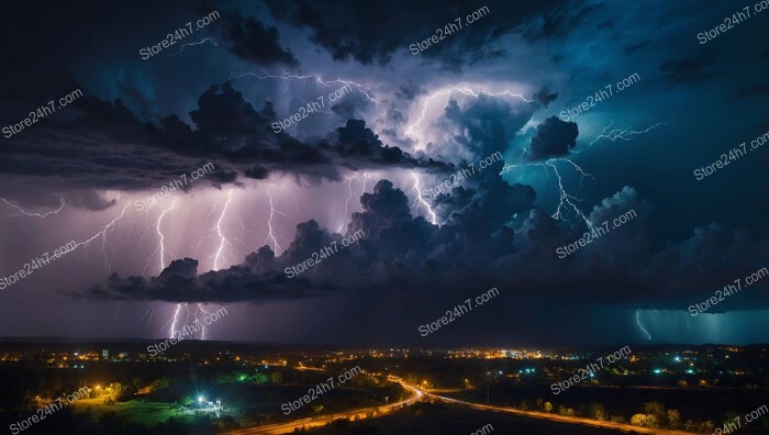 Dramatic Lightning and Dark Clouds Over Cityscape at Night